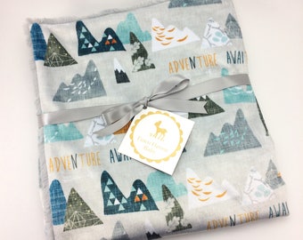 Mountain Minky Blanket~Adventure Awaits Double Minky Blanket or Lovey~ Faux Fur Blanket~ Gray Blue Gender Neutral ~ Nursery Bedding