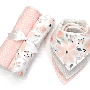 Floral Baby Bib and Burp Cloth Set: Pink, Gray, and White