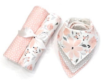 Girl Bib and Burp Cloth Set~Floral Pink Gray Dot Bib and Contoured Burp Cloth Set~Girl Baby Gift~ You Choose Set