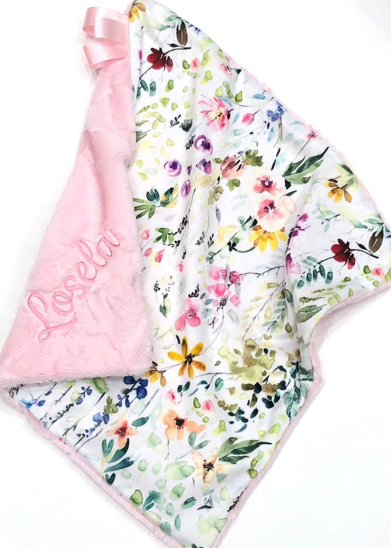 Floral Girl Blanket Floral LoveyPersonalized Wildflower Minky BlanketFloral Crib BeddingGirl Baby Gift Blush PInk Minky Fur
