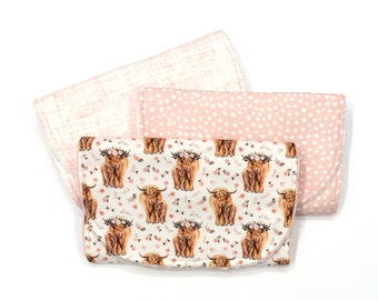 Girl Burp Cloth Set~HIghland Cow Floral Blush Pink Personalized Contoured Burp Cloths~Girl Baby Gift~You Choose Burp Cloth Set