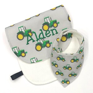 Tractor Boy Bib and Burp Cloth~Farm Bib and Burp Cloth~Green Tractor Bib and Burp Cloth~Personalized Bib and Burp Cloth~Baby Boy Gift