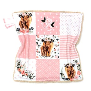Highland Cow Floral Baby Blanket Lovey~Personalized Cow Pink Floral Blanket~Highland Cow Nursery~Baby Girl Gift