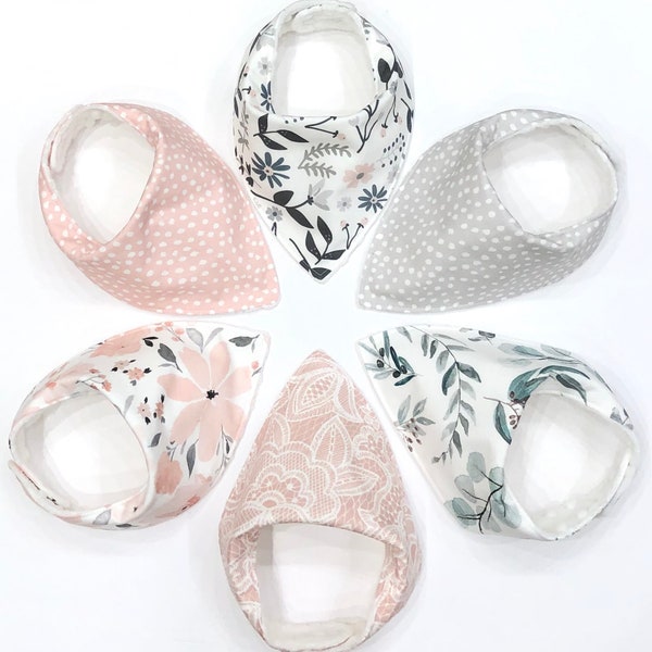 Girl Bandana Bib ~ Floral Bib ~ Eucalyptus Leaves Bib ~  Blush PInk Gray Dot Girl Bibs ~ Girl Baby Gift ~ You Choose Bib/Bibs