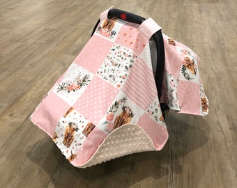 Highland Cow Baby Car Seat Canopy: Floral Cotton Minky Cover