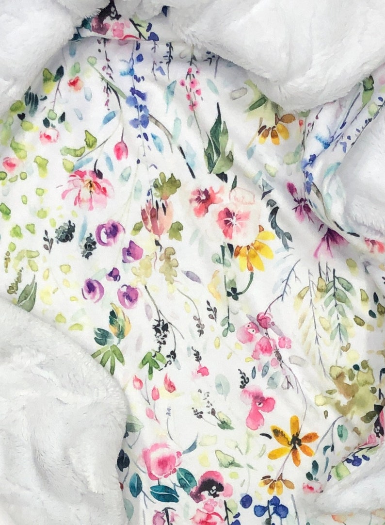 Floral Girl Blanket Floral LoveyPersonalized Wildflower Minky BlanketFloral Crib BeddingGirl Baby Gift White Minky Fur