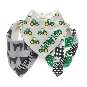 Boy Bandana Bib Set ~ Green Tractor Bib ~ Cow Bib~ Farm Personalized Bibs ~ Organic Bamboo Terry Bibs ~ You Choose Set ~ Boy Baby Gift