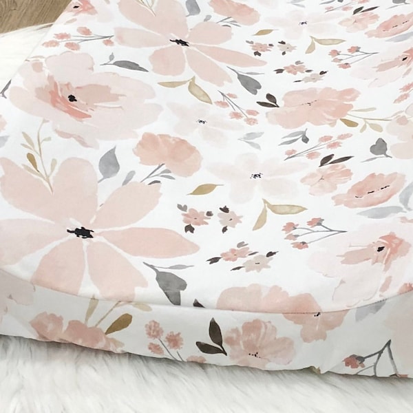 Floral Changing Pad Cover: Pink, Gray & Gold Watercolor Blooms