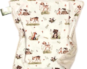 Personalized Minky Baby Blanket Lovey: Woodland Forest Animals