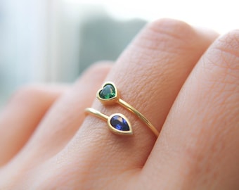 Custom Rings, Two Stone Ring, Personalized Rings for Women, Bridesmaid Gifts, Cz Rings, Stone Rings, Heart Ring, Green Stone Ring, Gold Ring