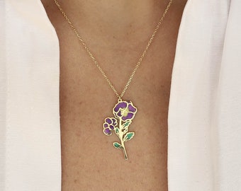 Gold February Birth Month Flower Necklace, Gold February Birthflower Necklace, Violet Flower Necklace, Gold February Birthday Gift Necklace