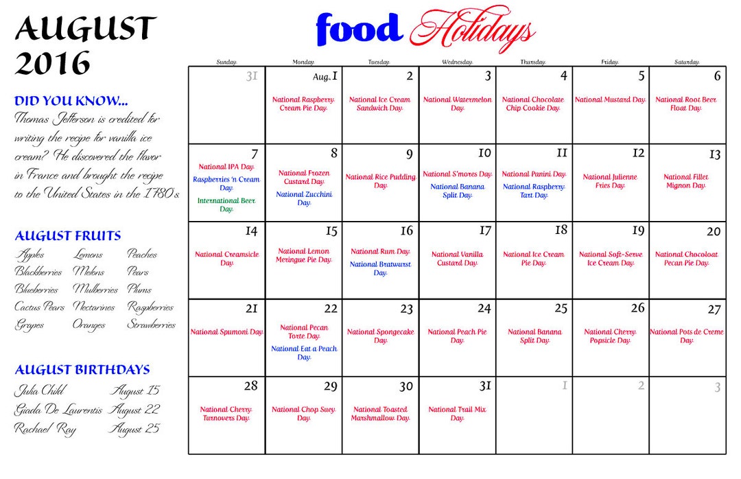 FOOD HOLIDAY CALENDAR Etsy