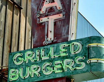 EAT GRILLED BURGERS Vintage Neon Sign Fine Art Photograph, Texas Photography, Wall Decor, Wall Art, Coppell Texas, Country Living