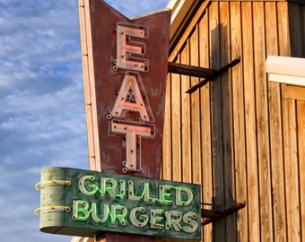 Eat Grilled Burgers Vintage Neon Sign, Fine Art Photograph, Texas Photography, Wall Decor, Wall Art, Coppell TX, Country Living