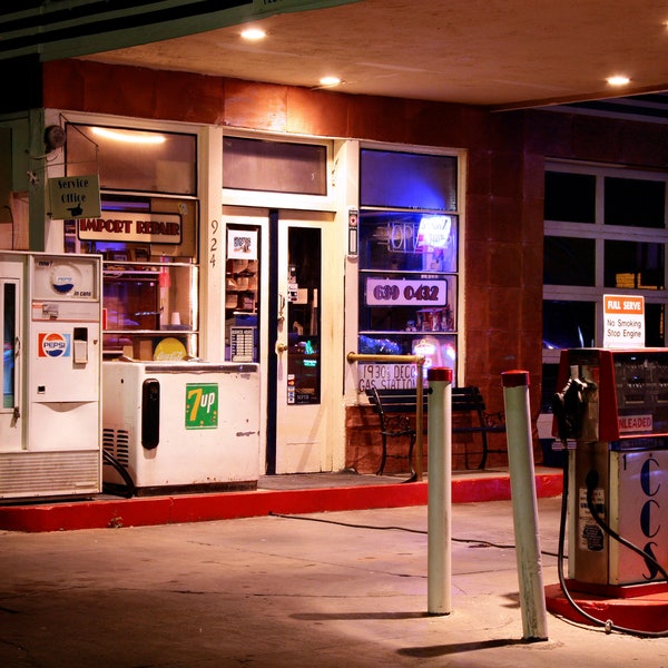 Arizona Photography, Old 1930's Era Gas Station at Night, Clarkdale Arizona, Fine Art Photo Print, Wall Decor, Arizona Scenery