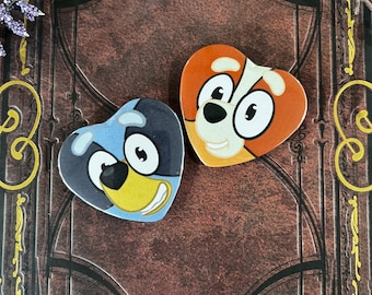 Bluey Bingo Heart Shaped Pinback Buttons