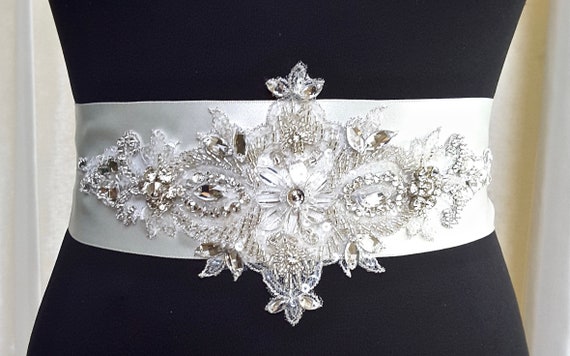 Silver Rhinestone Appliqué Wedding Belt on Satin Ribbon  display picture 2