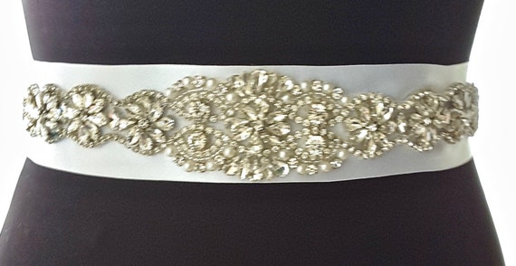 Satin Ribbon Wedding Belt With Silver Crystal and Pearl 