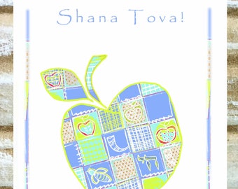 Personalized Rosh Hashanah Card Set, Jewish New Year Card Set – Set of 12 cards.  Apple, Pomegranate, Honey Bee, Shofar.  Fun, Modern.