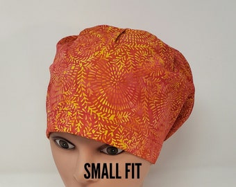 Fiery Burst Batik Scrub Cap, SMALL/CLOSE fit, euro scrub cap, chemo cap, vet, surgical cap, chef hat, OR caps, cotton, womens scrub caps