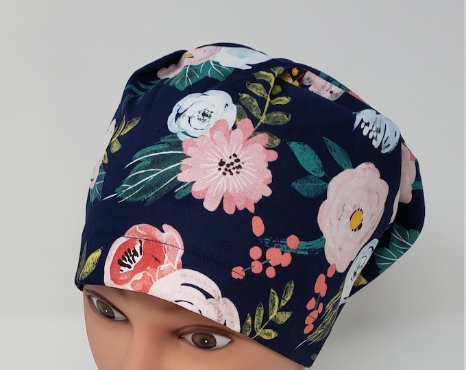 Blue Boho Floral Euro Scrub Cap, Euro Scrub Hat, Nurse, Chemo Cap, Vet