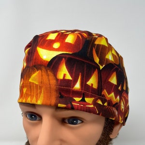 Jack-o-lantern  Mens Scrub Cap, Halloween scrub cap, chemo cap, surgical cap, surgical hat, chef hat, skull cap, unisex cap, OR cap, du rag