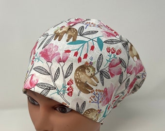 Sleepy Sloth Euro scrub cap, euro scrub hat, surgical hat, nurse, chemo cap, vet, surgical cap, womens scrub cap, chef hat, OR caps, cotton