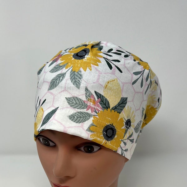 Honeycomb Sunflower Euro Scrub Cap, floral euro scrub hat, chemo cap, surgical cap, chef hat, vet, OR caps, fall scrub cap, the mad cappers