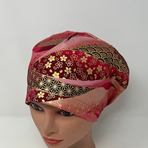 Red Asian Inspired Waves Euro Scrub Cap, euro scrub hat, scrub hat, surgical cap, chemo cap, surgical scrub hat, chef, alopecia, OR caps