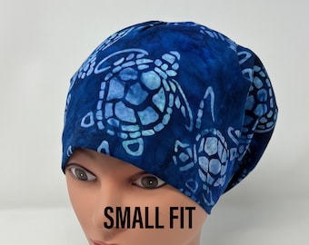 Sea Turtle Batik Euro Scrub Cap, SMALL/CLOSE fit, euro scrub hat, chemo cap, vet, surgical scrub hat, The Mad Cappers, ocean scrub cap