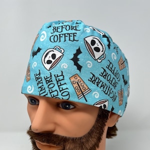 Nightmare Before Coffee Men&#39;s Scrub Cap, men&#39;s scrub hat, skull cap, chemo cap, vet, surgical cap, du rag, chef, alopecia, unisex cap