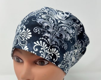 Damask Skull and Halloween Euro Scrub Cap, surgical cap, women's scrub cap, Halloween scrub cap, alopecia cap