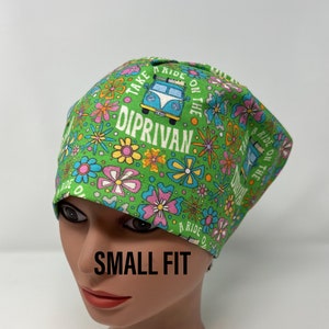 May include: Green scrub hat with a floral pattern and the text "Take a ride on the Diprivan" with a cartoon van image. The hat is labelled "Small Fit".