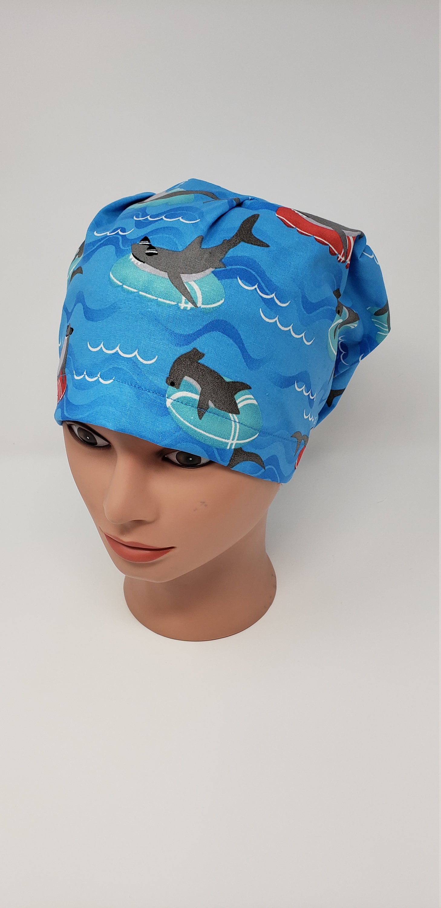Inner Tube Sharks Euro Scrub Cap, scrub hat, chemo cap, vet cap, surgical cap, chef hat, alopecia, OR caps, womens scrub caps, cotton