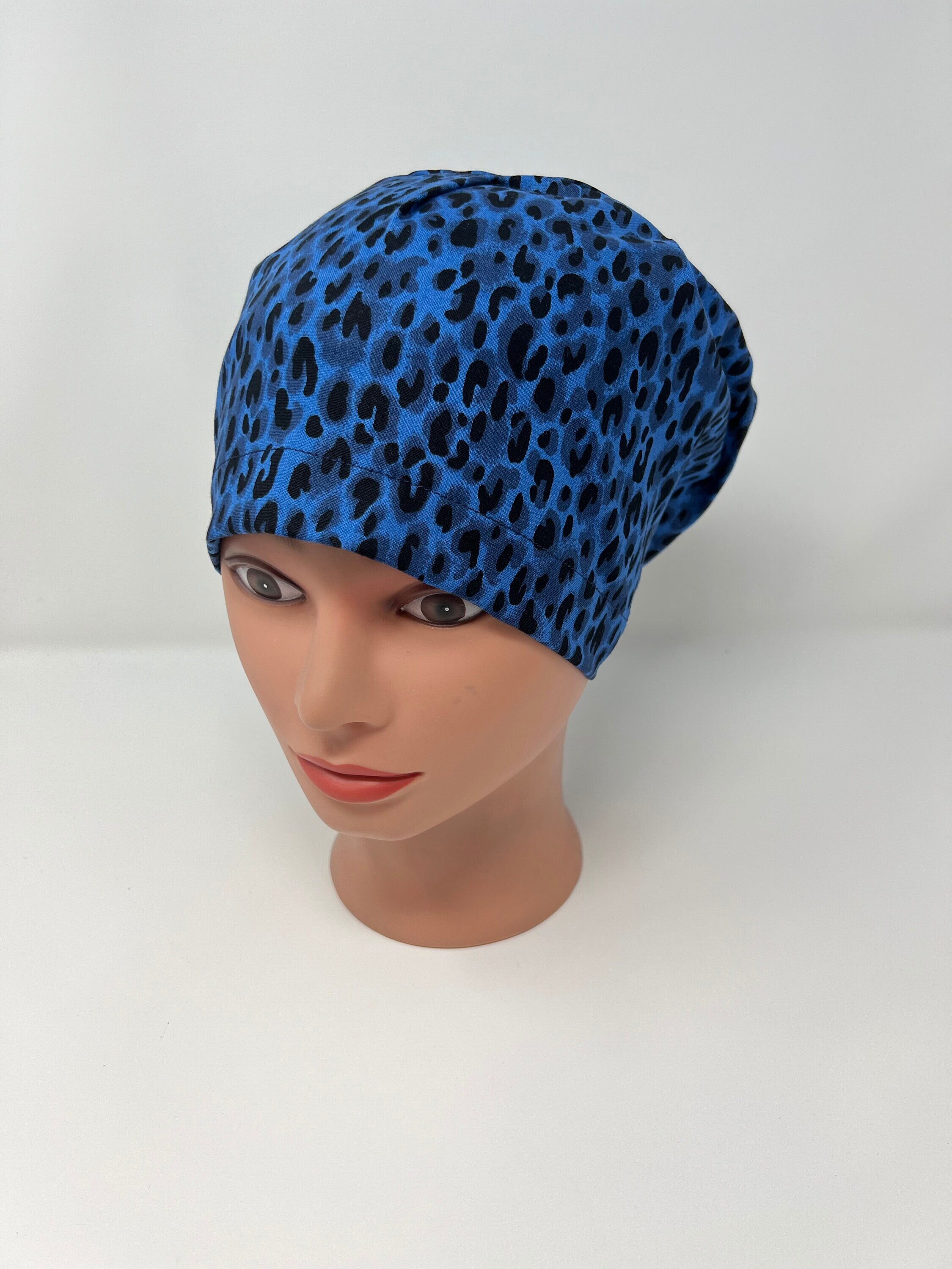 Navy Cheetah Euro scrub cap, euro scrub hat, nurse, chemo cap, vet, surgical cap, chef hat, alopecia, OR caps, womens scrub caps, cotton