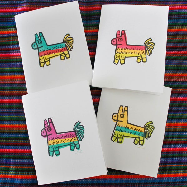 Set of 4 Burro Piñata Linocut Cards