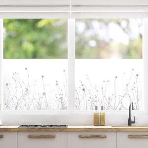 Könnte beinhalten: Ein Fenster mit einer Milchglasfolie mit einem Design aus grauem, stilisiertem Gras und Blumen. Das Fenster befindet sich in einer Küche mit Spüle, Arbeitsplatte und Schränken.