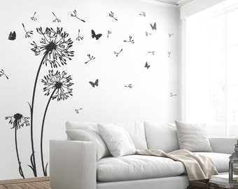 Adesivo murale tarassaco semi volanti farfalle tarassaco adesivo da parete soggiorno - Dandelion Wall Decal Vinyl Decor w312