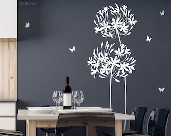 Wall Decal Flower African Lilies and Butterflies Agapanthus Wall Sticker Floral Flower Wall Decal Vinyl Decor w709b