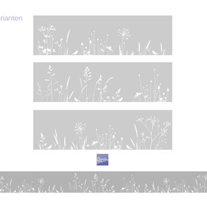 May include: Four variations of a white silhouette of a field of grass and wildflowers on a gray background. The word "Varianten" is at the top of the image.