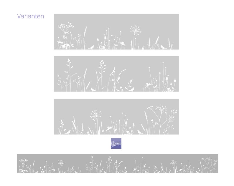 May include: Four variations of a white silhouette of a field of grass and wildflowers on a gray background. The word "Varianten" is at the top of the image.
