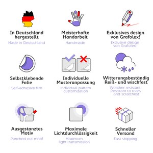 May include: A graphic illustration of a sticker with a purple background and a white outline. The text reads "Selbstklebende Folie" and "Self-adhesive film".