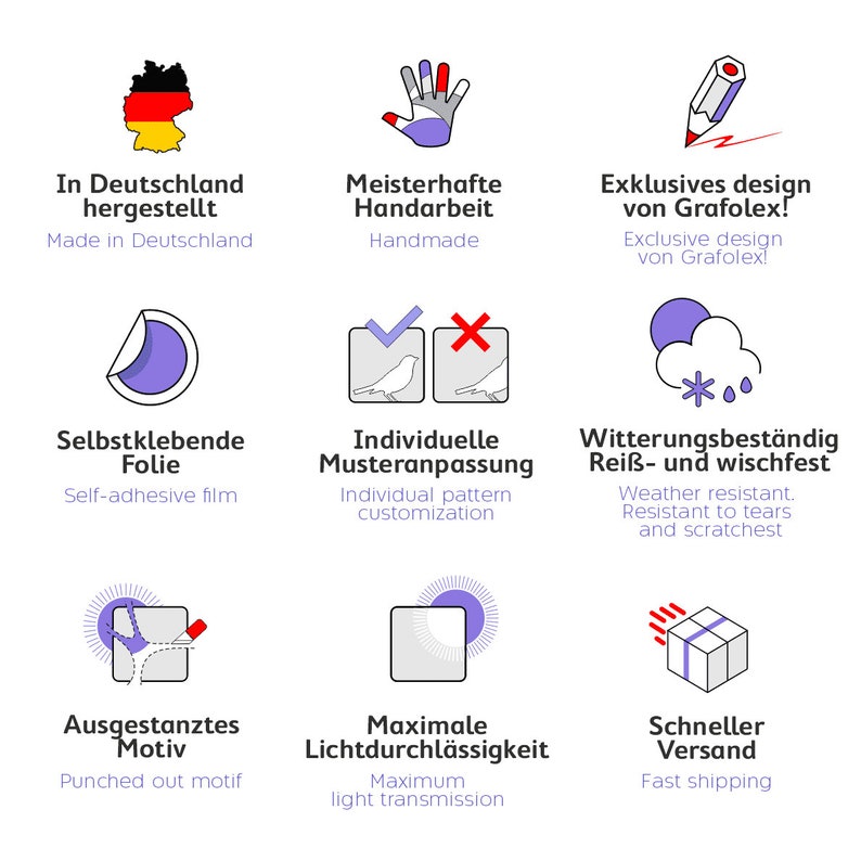 May include: A graphic illustration of a sticker with a purple background and a white outline. The text reads "Selbstklebende Folie" and "Self-adhesive film".
