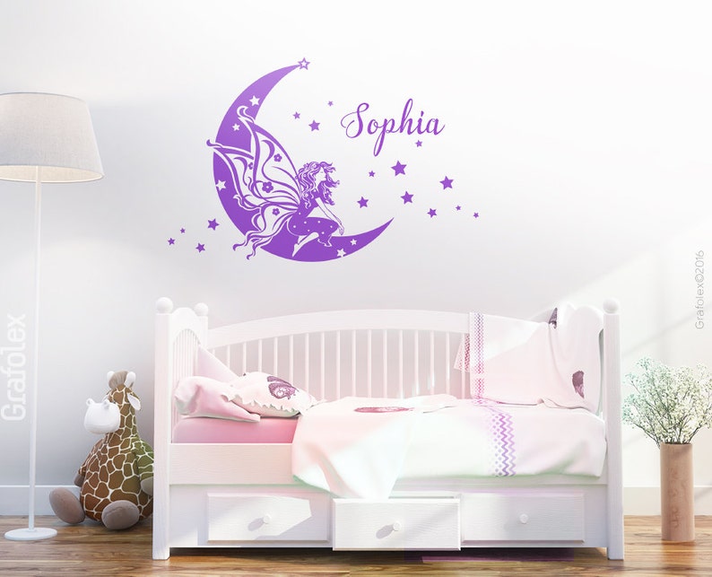 Wall tattoo fairy on the moon with desired name children's name baby name wall sticker wall sticker girl name children's room decoration wk01 image 1