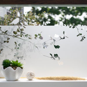 Privacy film. Creative window film. Frosted glass film with branches and bird motif g421 image 1