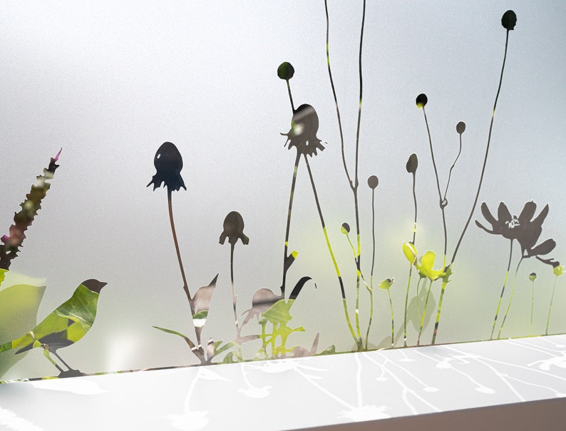 May include: Silhouette of a bird and various plants on a frosted glass window pane. The plants are in shades of green and black.