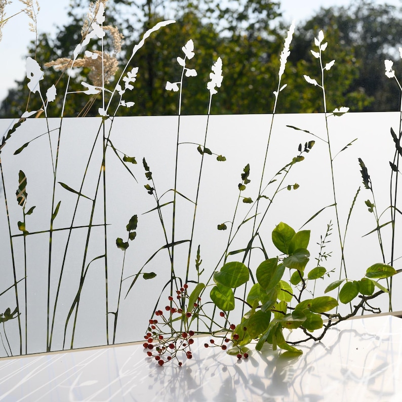 May include: A frosted glass window film with a silhouette design of tall grasses and small flowers. The film is translucent and allows light to pass through. A small branch with green leaves and red berries is in the foreground.