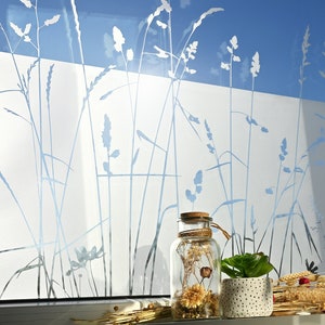 May include: A clear glass jar with a cork lid filled with dried flowers and plants sits on a windowsill. The window has a frosted glass film with a design of tall grass silhouettes.