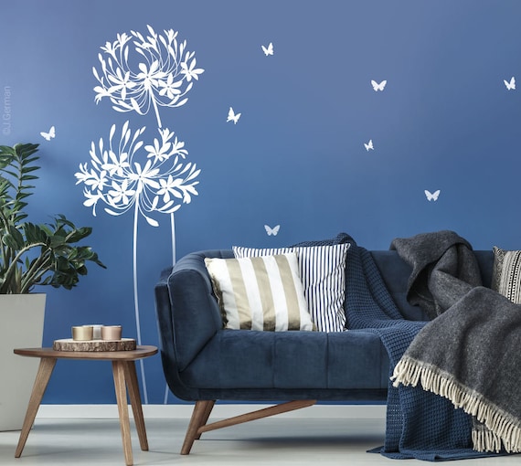 Mur Tatouage Fleur Bijoux Lys Et Papillons Agapanthus Wall Sticker Mural Autocollant Floral Fleur Wall Decal Vinyle Decor W709a
