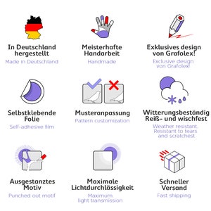 May include: A graphic showing the features of a product. The product is made in Germany, is handmade, has a customizable pattern, is weather resistant, has a punched out motif, has maximum light transmission, and ships quickly.